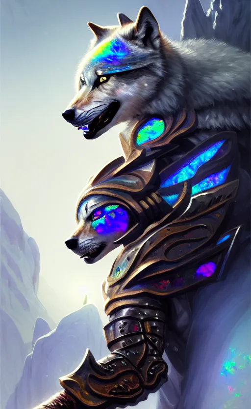 Image similar to iridescent opal ninja warrior, wolf armor, winter, morandi color scheme, hd, illustration, epic, d & d, fantasy, intricate, elegant, highly detailed, wide angle, digital painting, artstation, concept art, smooth, sharp focus, illustration, wallpaper, art by artgerm and greg rutkowski and alphonse mucha and jin xiaodi