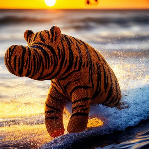 Image similar to a closeup photorealistic photograph of a smiling cute knitted tiger hippopotamus riding a large wave during sunset. surf in the background. professional capture. brightly lit scene. this 4 k hd image is trending on artstation, featured on behance, well - rendered, extra crisp, features intricate detail, epic composition and the style of unreal engine.