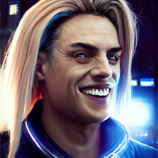 Image similar to cyberpunk, closeup portrait of a cyberpunk entertainer, blond hair, grey eyes, sadistic smile, delicate jaw, hologram, dramatic light, city background, sunset, dystopian setting, high contrast, sharp, neuromancer, peter riviera, painted by stanley lau, painted by greg rutkowski, painted by stanley artgerm, digital art, trending on artstation