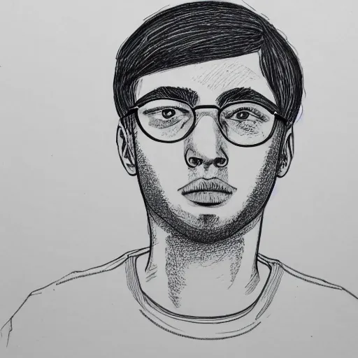 Prompt: a simple line drawing of a young man with freckles and glasses