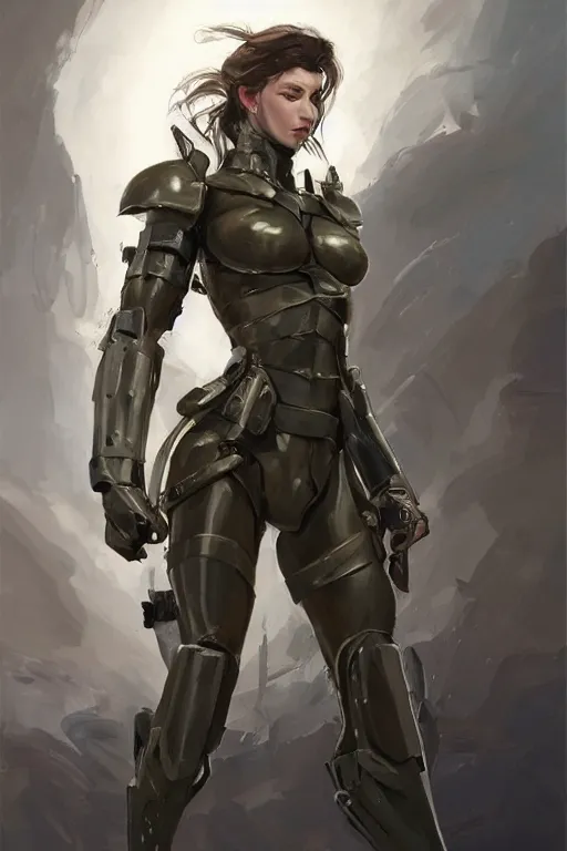 Image similar to a professionally painted portrait of an attractive young woman clothed in military-style battle armor, olive skin, long dark hair, beautiful bone structure, symmetrical facial features, intricate, elegant, heroic, digital painting, concept art, smooth, sharp focus, illustration, finely detailed, from Metal Gear by Ruan Jia and Mandy Jurgens and Artgerm and William-Adolphe Bouguerea, award winning, trending on Artstation