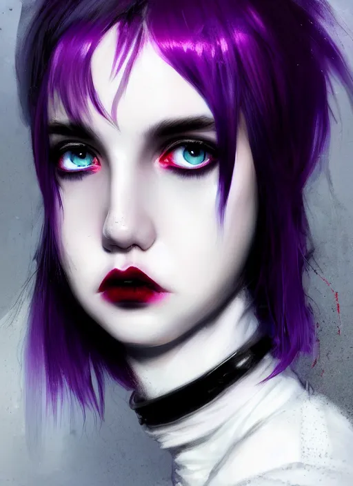 Image similar to portrait of white teenage girl, normal face, white bangs, mall goth, cyberlox, black and white hair, bangs, fluffy bangs, red contact lenses, purple lipstick, intricate, elegant, highly detailed, digital painting, artstation, concept art, sharp focus, smooth, illustration, art by wlop, mars ravelo and greg rutkowski