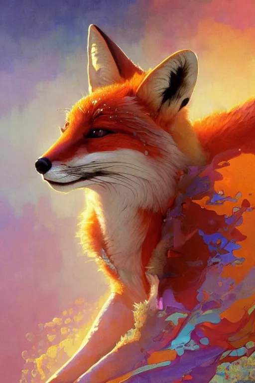 Prompt: an hiper intricate oil painting of a beautifull fox surounded by melting colorfull wax drips, colorfull, excelent composition, wide shot, by yoshitaka amano, by greg rutkowski, by alphonse mucha by jeremyg lipkinng, by rhads, by ross tran, artstation, octane render