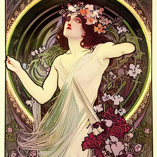 Image similar to persephone as goddess of death and flowers, evil, painted by alphonse mucha