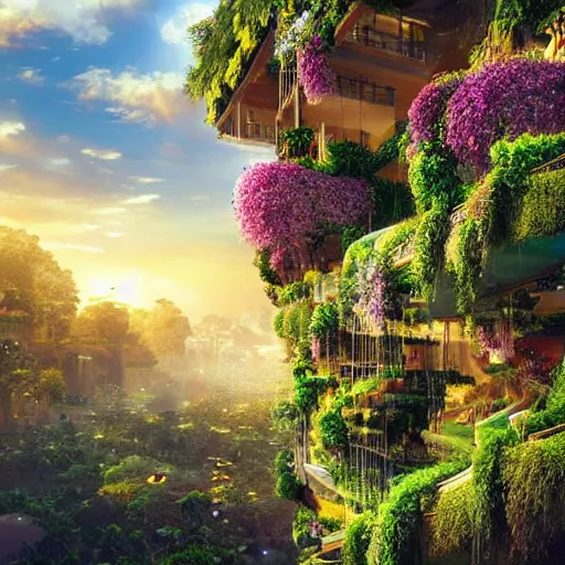 Image similar to hanging gardens, beautiful garden city, lush paradise, matte painting, opulent, golden hour lighting