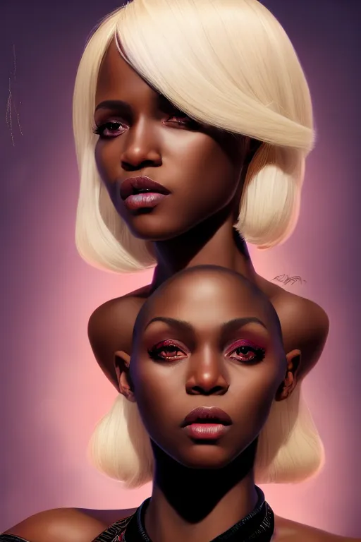 Prompt: portrait of a sexy young black super girl, with platinum blonde short hair, velvet with silk dress, highly detailed and rendered gold, digital art, super intricate, sharp focus, big eyes, trending on artstation, hq, unreal engine 5, 4 k uhd image, by brom, artgerm, face by otto schmidt
