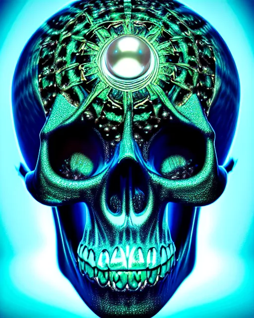 Prompt: very detailed portrait of skull with pearl sphere teal glowing eyes + melting face skin + 4 k hyper details render + by alex grey + fractal mundelbulb intricate design + dramatic lighting + cinematography photography