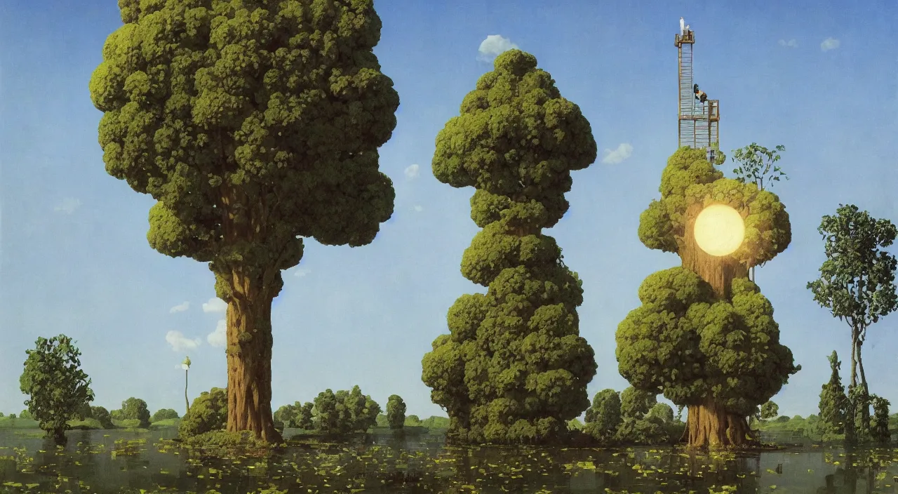 Image similar to single flooded simple snake tree tower!, very coherent and colorful high contrast!! masterpiece by rene magritte simon stalenhag carl spitzweg syd mead norman rockwell edward hopper james gilleard, minimalist, dark shadows, sunny day, hard lighting