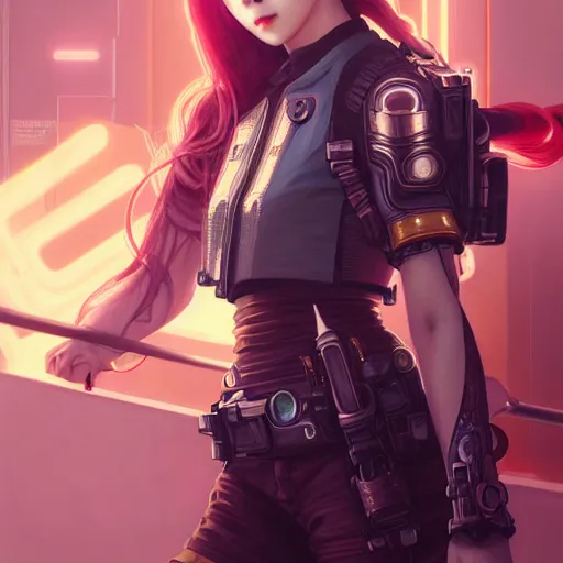 Image similar to portrait painting of chuu kpop as a cheerful smiling cyberpunk mercenary, ultra realistic, concept art, intricate details, eerie, highly detailed, photorealistic, octane render, 8 k, unreal engine. art by artgerm and greg rutkowski and magali villeneuve and alphonse mucha