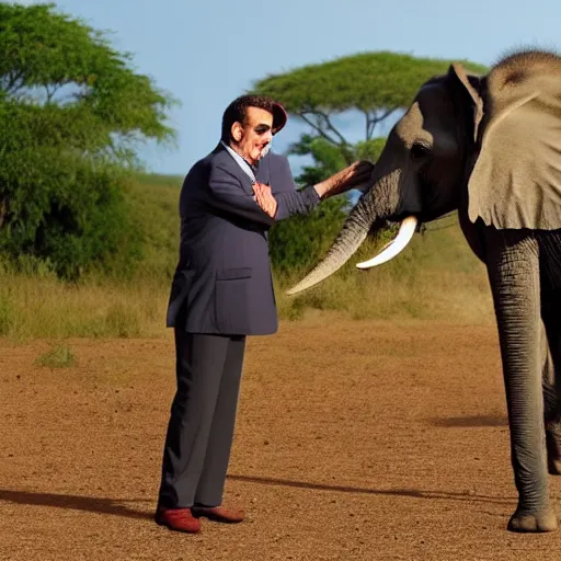 Image similar to a photo of Paul chuckle posing for a photo with an elephant on an African safari, photorealistic, 4k