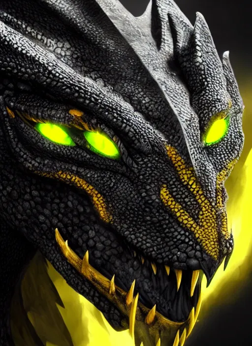 Image similar to closeup portrait of black dragon head with yellow eyes, ultra realistic, fantasy, magic, dnd,