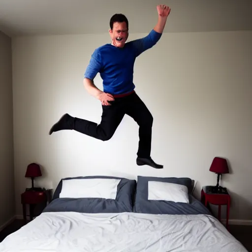 Image similar to a man jumping on the bed and breaking it