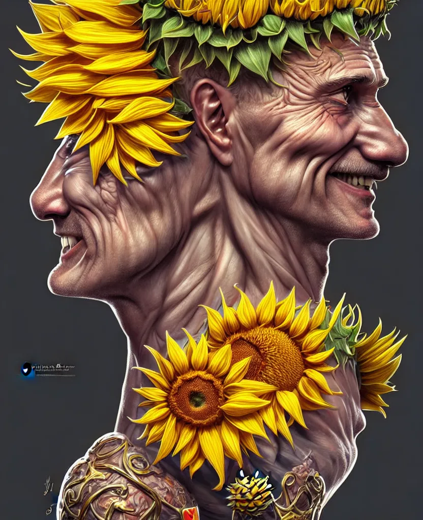 Image similar to digital art, centered full body of Putin smiling king, Sunflower crown, ,intricate, veins, by James Jean and by artgerm , by ross tran ultradetailed, charachter design, concept art, trending on artstation,