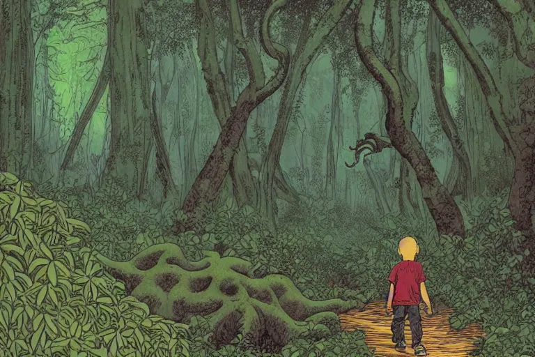 Prompt: a young boy entering a huge mysterious and fantastic forest with a cthulhu monster in a distant clearing, large path, mushrooms, lush exotic vegetation, very graphic illustration by jean giraud, drawing, yoshitaka amano and mike mignola vibe, clean line, colorful comics style, dynamic light