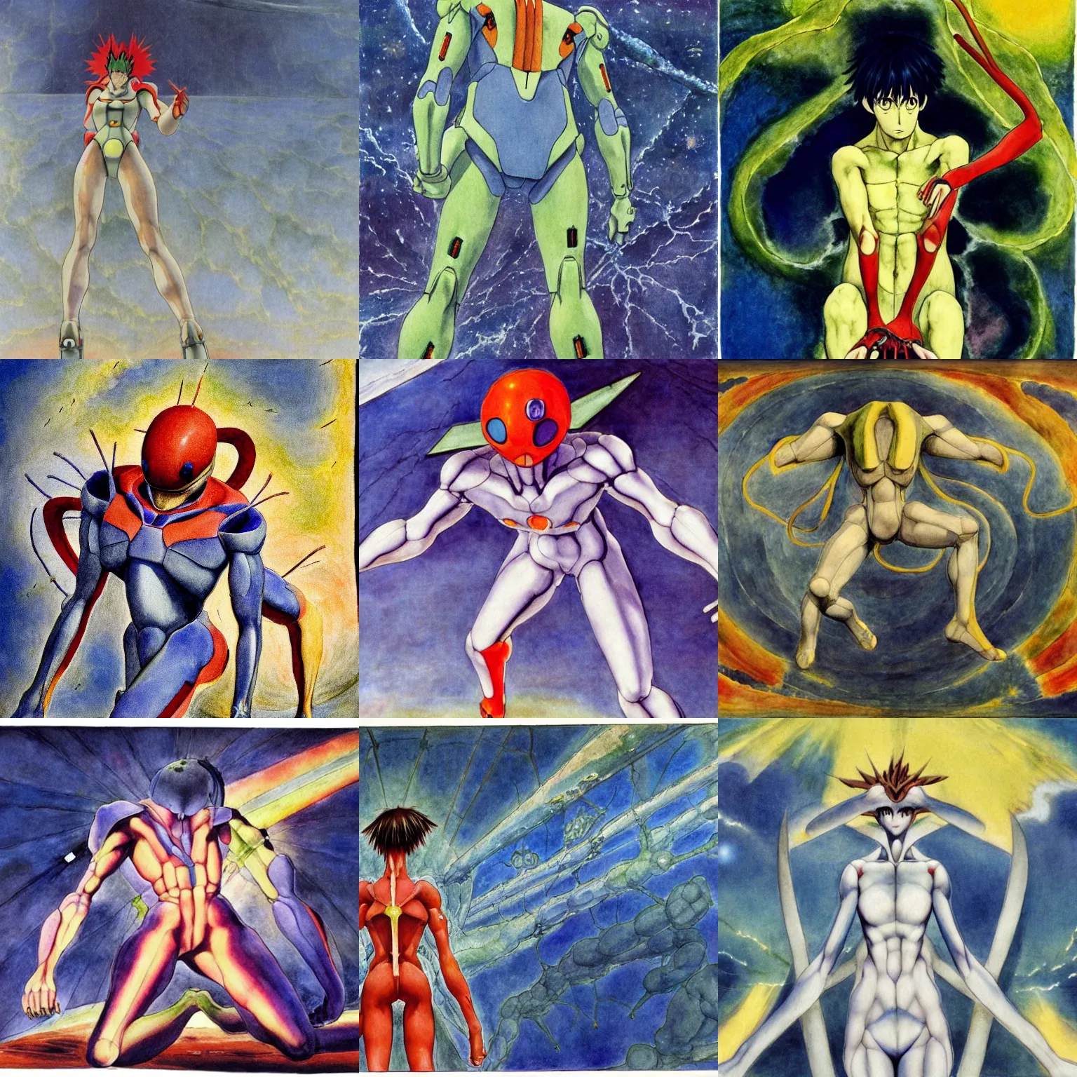 Prompt: end of evangelion, photorealistic watercolor painting of a plugsuit, painted by william blake, 1 8 5 6.