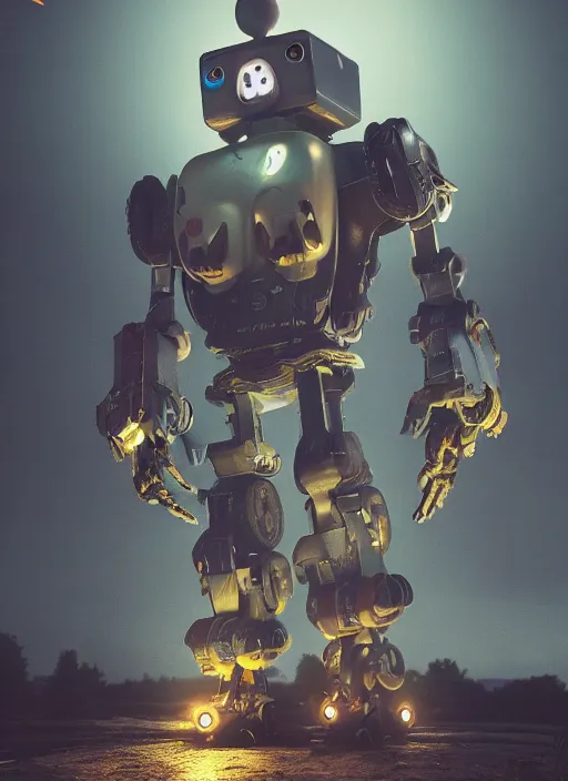 Image similar to Giant It Clown robot on a dusky land, cinematic shot, intricate, ornate, photorealistic, ultra detailed, realistic, 100mm, photography, octane, high definition, depth of field, bokeh, 8k, artstation