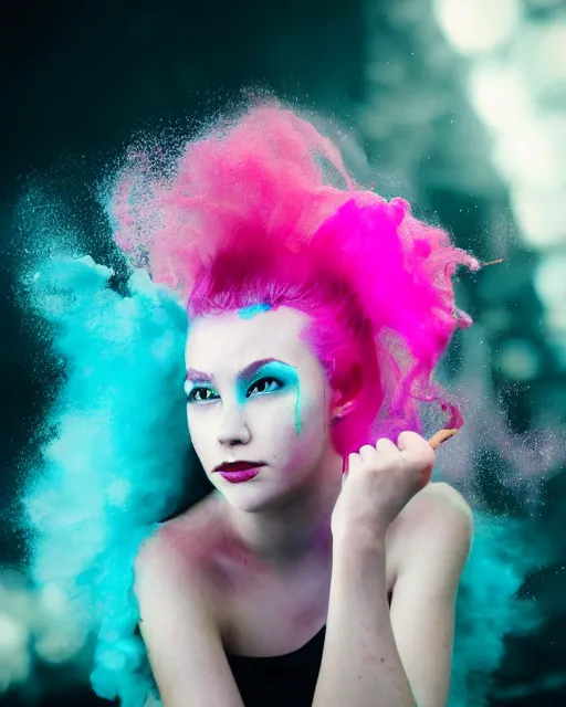 Image similar to a dramatic lighting photo of a beautiful young woman with cotton candy hair. paint splashes. with a little bit of cyan and pink