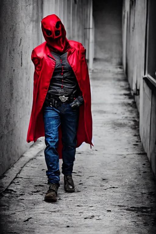 Image similar to red hood cosplay, creepy, disturbing, bloody, darkness, grainy, urban, jeans, white jacket