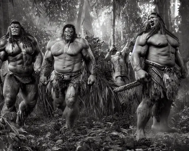 Image similar to hyper realistic group vintage photograph of a live action warcraft orc warrior tribe in the jungle, tall, hulk like physique, detailed faces, tribal paint, tribal armor, grain, old, monochrome, sepia toned, realistic lighting, wide angle