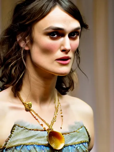 Prompt: a photograph of Keira Knightley with seashell necklace from the stage production of The Tempest taken with Nikon D3500, 4K UHD, high detail, photo realistic