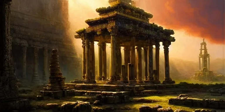 Image similar to beautiful hyperrealistic spectacular painting of the mysterious intricate ruins of the mysterious ancient temple, an advanced technology timemachine with a green - glowing - crystal from the future is inside the temple, by hubert robert and lee madwick and bastien lecouffe - deharme, dramatic sunset lighting, advanced technology