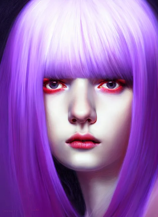 Image similar to hair whitebangs hair, black hair, whitebangs, portrait of teenage girl with white bangs, red irises, purple clothes, white bangs, bangs are different color from hair, intricate, elegant, glowing lights, highly detailed, digital painting, artstation, concept art, smooth, sharp focus, illustration, art by wlop, mars ravelo and greg rutkowski