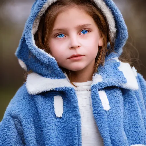 Image similar to a little portuguese girl with white - fair!!!!! skin, dirty blonde hair and blue eyes, wearing a disney land coat and blue jeans, 4 k, 8 k, photorealistic facial features