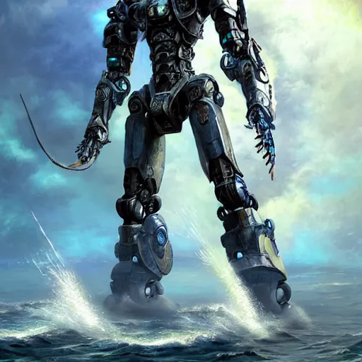 Prompt: pacific rim robot wearing ivory shiny armor standing in the sea, full body image, steam punk, sci-fi, extremely detailed digital painting, in the style of Fenghua Zhong and Ruan Jia and Jermy lipking and peter mohrbacher, mystic colors, highly detailed, deep aesthetic, 8k, highly ornate intricate details, cinematic lighting, rich colors, digital artwork, ray tracing, hyperrealistic, photorealistic, cinematic landscape, trending on artstation,