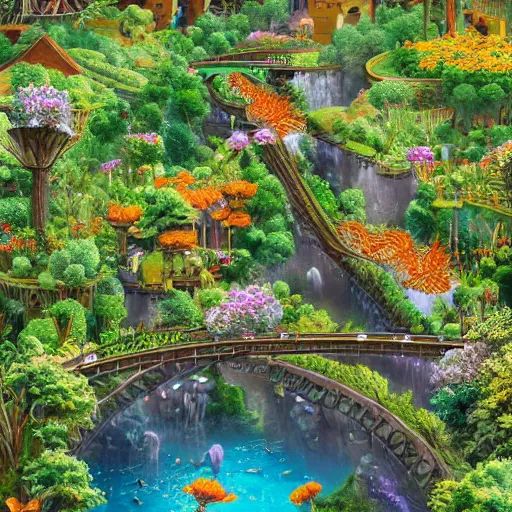 Image similar to a beautiful nature civilization, fancy, flowers, bridges, nature city, people, tree houses, trending on artstation, behance, deviantart