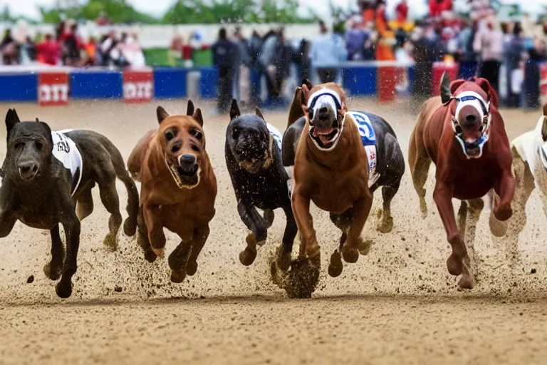 Image similar to an award winning shot of a horse track with racing pit bulls that are winning the race at the finish line