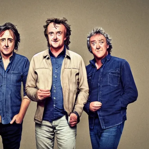 Prompt: richard hammond, james may and jeremy clarkson presenting top gear