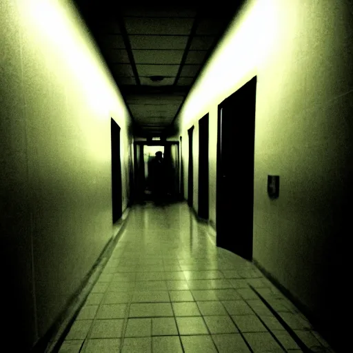 Prompt: a scary and grotesque monster lurking in a hospital hallway. grotesque. scary. dark. low lighting.