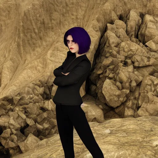 Image similar to 1 7 - year - old pale - skinned persian girl with black long bob cut, black gothic jacket, purple eyes, psychic girl, standing on cliff along the irish coast, overcast gray skies, ultra - realistic, sharp details, subsurface scattering, intricate details, cold lighting, highly detailed, photorealistic, octane render, 8 k unreal engine, art by artgerm