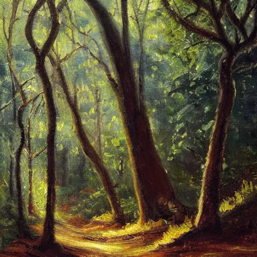 Image similar to a painting of a path through a forest, an oil painting by John Fabian Carlson, featured on Artstation, american scene painting, rim light, oil on canvas, flickering light