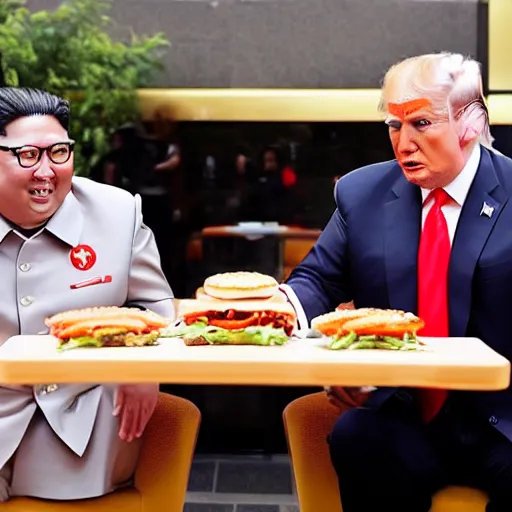 Prompt: donald trump and kim jong un shaking hands while eating burgers at mcdonalds