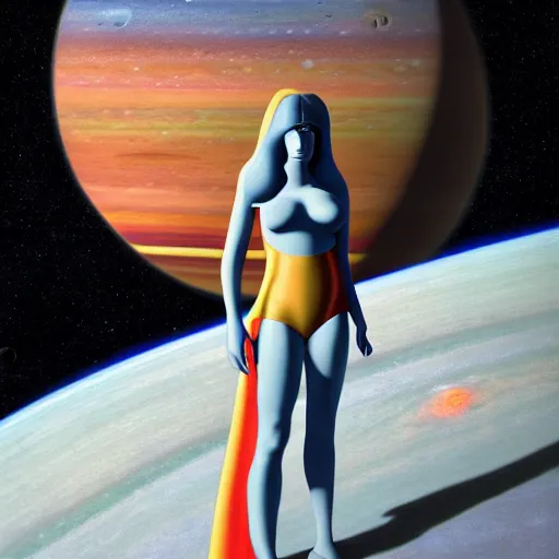 Image similar to giant woman floating among the planets in the solar system, oil on canvas, intricate, 8k highly professionally detailed, HDR, CGsociety