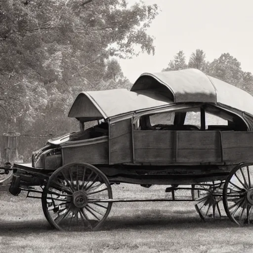 Prompt: a monochromatic sepia photograph of a delorean in a line of covered wagons,