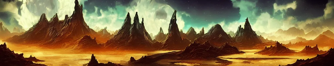 Image similar to retro sci-fi fantasy landscape