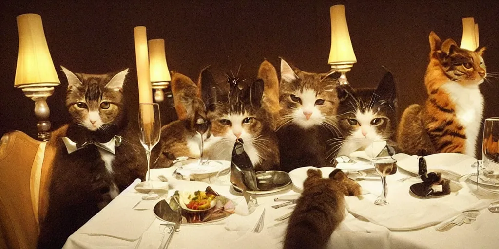 Image similar to sophisticated cats dressed up eating dinner at a fancy restaurant, very atmospheric lighting