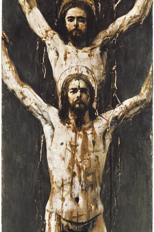 Image similar to jesus christ crucified painted by cy twombly and andy warhol