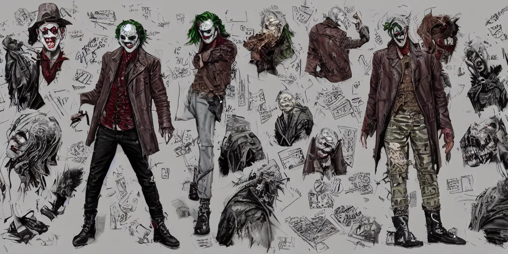 Image similar to the joker as a wanderer with his neck fully tattooed, wearing a scratched leather and ripped leather jeans, wearing an aviator outfit with a colorful stamp on its back, character sheet, fine details, props, concept design, contrast, kim jung gi, greg rutkowski, trending on artstation, 8 k, full body, turnaround, front, back, ultra wide angle