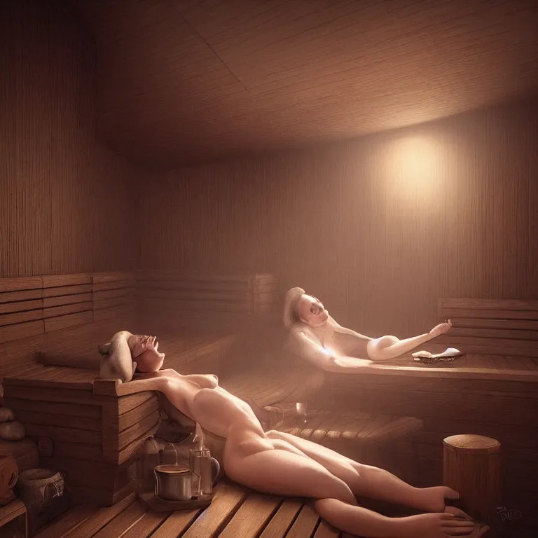 Prompt: woman relaxing in sauna, 3 d render, dark art, highly detailed, intricate, artgerm, greg rutkowski