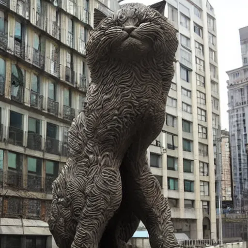 Image similar to a giant cat statue in a city, by moebius