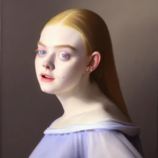 Image similar to a striking hyper real painting of Elle Fanning in space by Johannes Vermeer