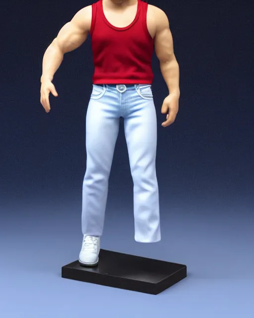 Image similar to full body 3 d render of freddie mercury, white sleeveless tank top blue jeans as a funko pop!, four, studio lighting, white background, single body, no shadow, blender, trending on artstation, 8 k, highly detailed