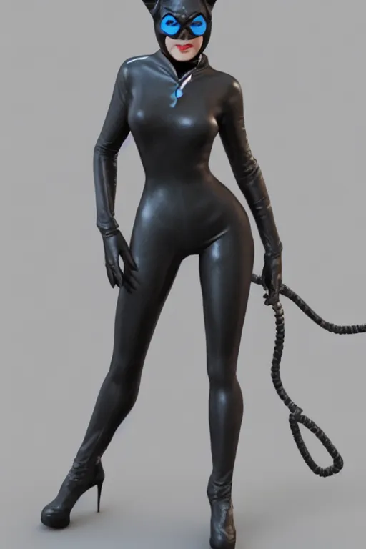 Image similar to full body 3d render of 1992 Catwoman, photorealistic, finalRender, octane, Unreal Engine