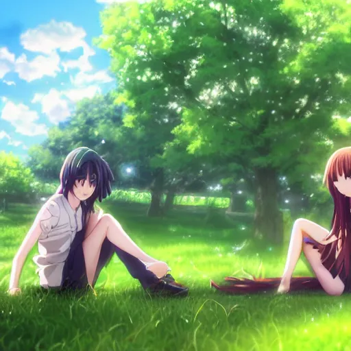 Image similar to photorealistic, green long hair anime boy meets a beautiful smiling anime girl with brown hair and high ponytail sitting under a tree, anime key visual, digital art, anime screenshot, kyoto animation, makoto shinkai, trending on pixiv