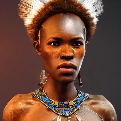 Image similar to a beautiful Zulu princess, epic, epic lighting, character portrait, james gurney, character concept style trending on artstation, detailed face, concept art, detailed, octane render cinematic, photo-realistic, 8k, high detailed