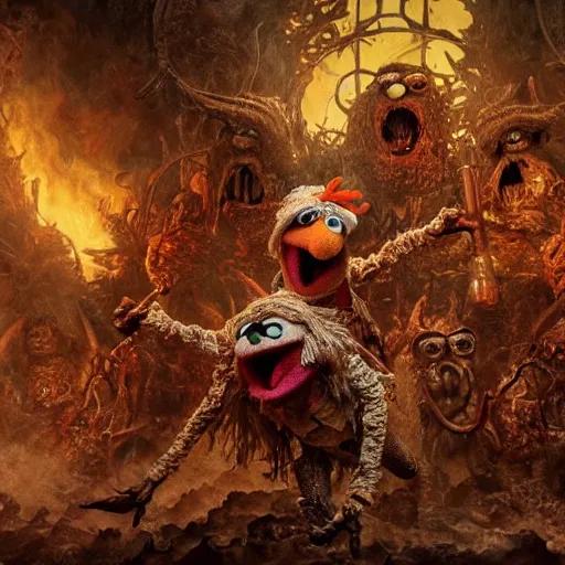 Image similar to muppets being tortured in hell with trumpeters and demons, intricate detail, royo, vallejo, frazetta, giger, whealan, hd, unreal engine,