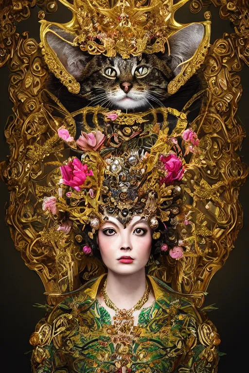 Image similar to a beautiful empress portrait, with a brilliant, impossible striking big Cat headpiece, clothes made of cats, everything cats, symmetrical, dramatic studio lighting, rococo, baroque, greens, asian, hyperrealism, closeup, D&D, fantasy, intricate, elegant, highly detailed, digital painting, artstation, octane render, 8k, concept art, matte, sharp focus, illustration, art by Artgerm and Greg Rutkowski and Alphonse Mucha